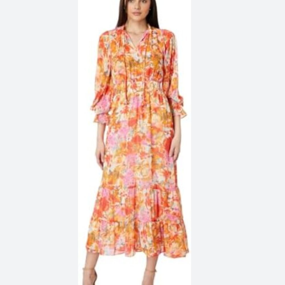 Vince Camuto EUC size 1X floral smocked split neck tiered maxi dress - Picture 2 of 11